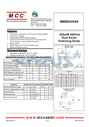 MMBD2004S datasheet - 250mW 300Volt Dual Series Switching Diode
