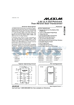 MAX218 datasheet - 1.8V to 4.25V-Powered, True RS-232 Dual Transceiver