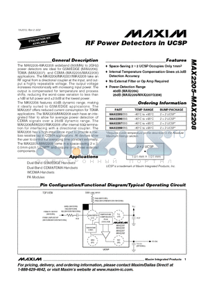 MAX2205 datasheet - RF Power Detectors in UCSP