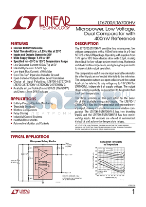 LT6700HV datasheet - Micropower, Low Voltage, Dual Comparator with 400mV Reference