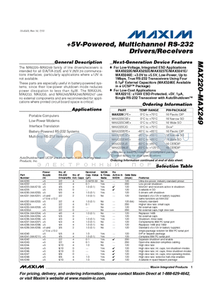 MAX220CPE+ datasheet - 5V-Powered, Multichannel RS-232 Drivers/Receivers