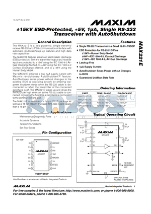 MAX221ECUE datasheet - a15kV ESD-Protected, 5V, 1uA, Single RS-232 Transceiver with AutoShutdown