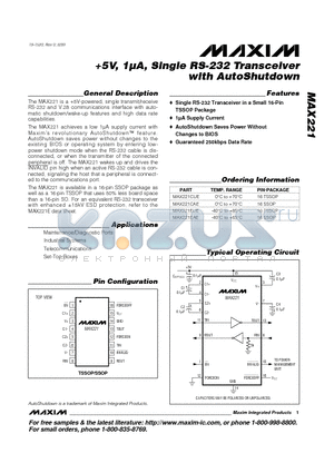 MAX221CAE datasheet - 5V, 1uA, Single RS-232 Transceiver with AutoShutdown