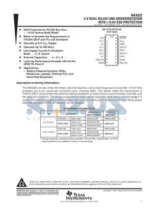 MAX222CDWG4 datasheet - 5-V DUAL RS-232 LINE DRIVER/RECEIVER WITH -15-kV ESD PROTECTION