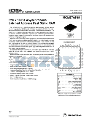 MCM67A518FN10 datasheet - 32K x 18 Bit Asynchronous/Latched Address Fast Static RAM
