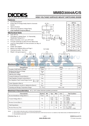 MMBD3004A-7-F datasheet - HIGH VOLTAGE SURFACE MOUNT SWITCHING DIODE