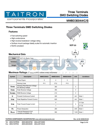 MMBD3004A datasheet - Three Terminals SMD Switching Diodes