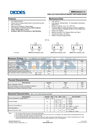 MMBD3004A-7-F datasheet - HIGH VOLTAGE SURFACE MOUNT SWITCHING DIODE