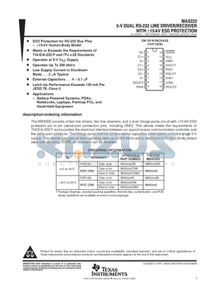 MAX222IDWR datasheet - 5-V DUAL RS-232 LINE DRIVER/RECEIVER WITH -15-kV ESD PROTECTION
