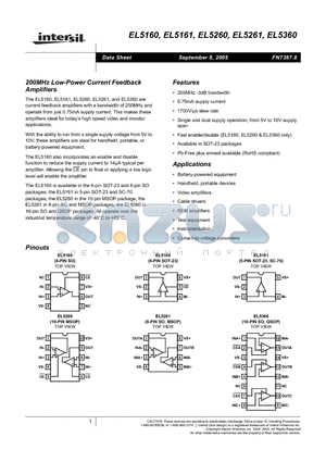 EL5360IS-T7 datasheet - 200MHz Low-Power Current Feedback Amplifiers