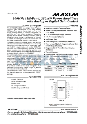 MAX2233EEE datasheet - 900MHz ISM-Band, 250mW Power Amplifiers with Analog or Digital Gain Control