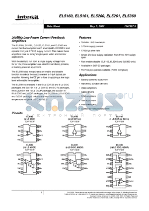 EL5360ISZ-T13 datasheet - 200MHz Low-Power Current Feedback Amplifiers