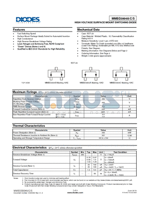 MMBD3004C-7-F datasheet - HIGH VOLTAGE SURFACE MOUNT SWITCHING DIODE