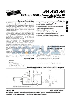 MAX2240EBL datasheet - 2.5GHz, 20dBm Power Amplifier IC in UCSP Package