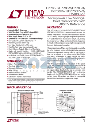 LT6700IS6-3-TRMPBF datasheet - Micropower, Low Voltage, Dual Comparator with 400mV Reference