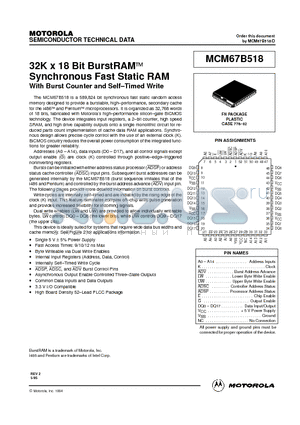 MCM67B518 datasheet - 32K x 18 Bit BurstRAM Synchronous Fast Static RAM