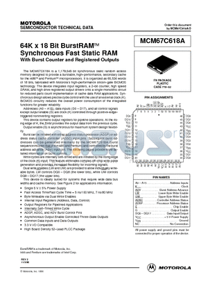 MCM67C618AFN5 datasheet - 64K x 18 Bit BurstRAM Synchronous Fast Static RAM