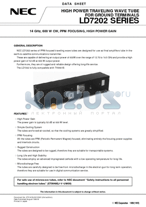 LD7202B datasheet - 14 GHz, 600 W CW, PPM FOCUSING, HIGH POWER GAIN