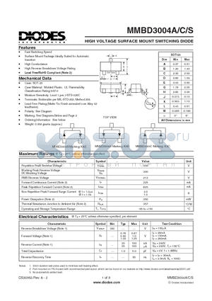 MMBD3004S-7-F datasheet - HIGH VOLTAGE SURFACE MOUNT SWITCHING DIODE