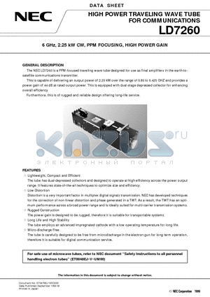 LD7260 datasheet - 6 GHz, 2.25 kW CW, PPM FOCUSING, HIGH POWER GAIN