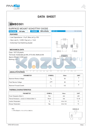 MMBD301 datasheet - SURFACE MOUNT SCHOTTKY DIODE