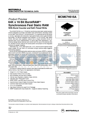 MCM67H618AFN9 datasheet - 64K x 18 Bit BurstRAM Synchronous Fast Static RAM