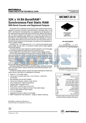 MCM67J518 datasheet - 32K x 18 Bit BurstRAM Synchronous Fast Static RA