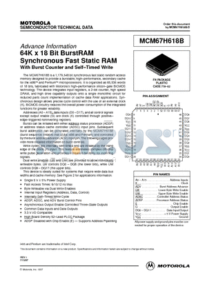 MCM67H618BFN10 datasheet - 64K x 18 Bit BurstRAM Synchronous Fast Static RAM