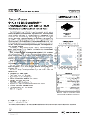 MCM67M618AFN12 datasheet - 64K x 18 Bit BurstRAM Synchronous Fast Static RAM