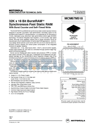 MCM67M518FN11 datasheet - 32K x 18 Bit BurstRAM Synchronous Fast Static RAM