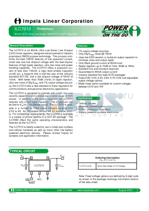 ILC7010 datasheet - 80MA SC70 ULTRA LOW NOISE CMOS RF-LDO REGULATOR
