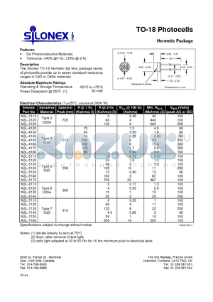NSL-3130 datasheet - TO-18 Photocells Hermetic Package