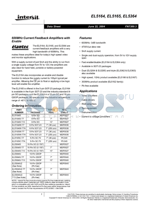 EL5364IUZT13 datasheet - 600MHz Current Feedback Amplifiers with Enable