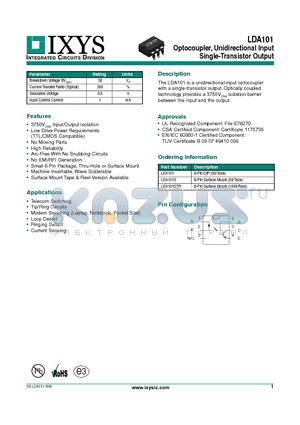 LDA101STR datasheet - Optocoupler, Unidirectional Input Single-Transistor Output