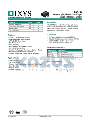 LDA100S datasheet - Optocoupler, Bidirectional Input Single-Transistor Output