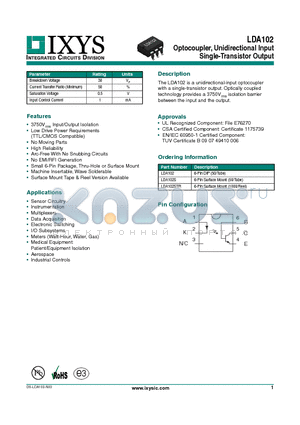 LDA102STR datasheet - Optocoupler, Unidirectional Input Single-Transistor Output