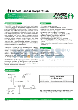 ILC7071AIM5-33 datasheet - 100MA SOT-23-5 ULTRA LOW NOISE CMOS RF-LDO REGULATOR