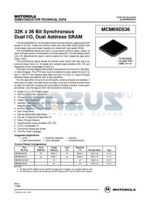 MCM69D536TQ6 datasheet - 32K x 36 Bit Synchronous Dual I/O, Dual Address SRAM