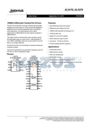 EL5370IUZ-T7 datasheet - 100MHz Differential Twisted-Pair Drivers