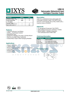 LDA110STR datasheet - Optocoupler, Bidirectional Input Darlington-Transistor Output
