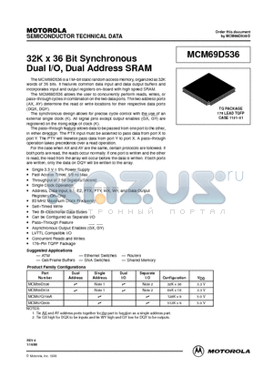 MCM69D536TQ6R datasheet - 32K x 36 Bit Synchronous Dual I/O, Dual Address SRAM