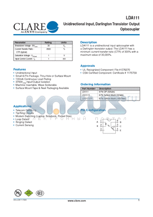 LDA111S datasheet - Unidirectional Input, Darlington Transistor Output Optocoupler