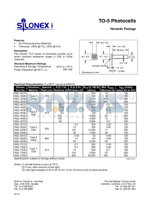 NSL-4550 datasheet - TO-5 Photocells Hermetic Package