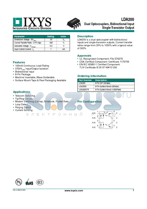 LDA200 datasheet - Dual Optocouplers, Bidirectional Input Single-Transistor Output