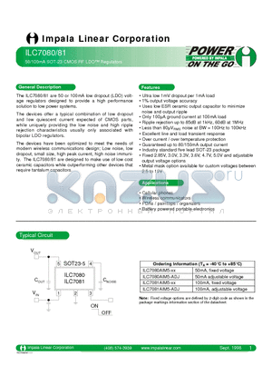 ILC7080 datasheet - 50/100M SOT-23 CMOS RF LDO REGULATORS
