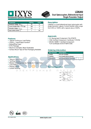 LDA202STR datasheet - Dual Optocouplers, Bidirectional Input Single-Transistor Output