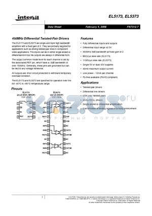 EL5373 datasheet - 450MHz Differential Twisted-Pair Drivers