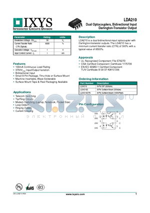 LDA210S datasheet - Dual Optocouplers, Bidirectional Input Darlington-Transistor Output