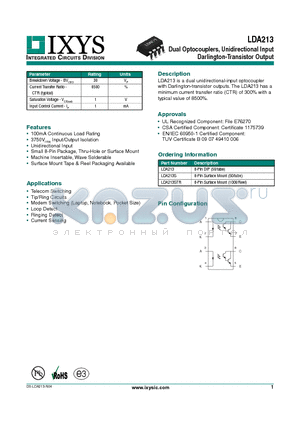 LDA213S datasheet - Dual Optocouplers, Unidirectional Input Darlington-Transistor Output