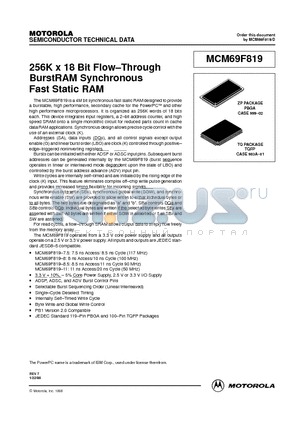 MCM69F819TQ11 datasheet - 256K x 18 Bit Flow-Through BurstRAM Synchronous Fast Static RAM
